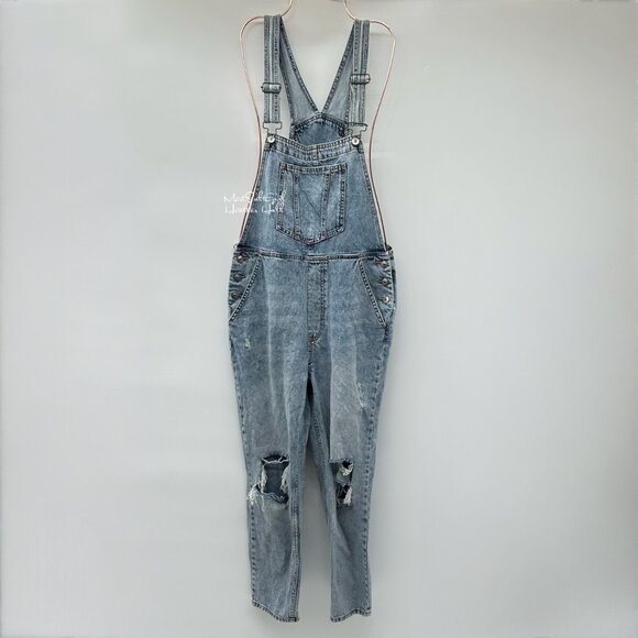 H&M Divided Light Retro Double Stone Wash Distressed Denim Overalls Size 6 - Picture 1 of 5